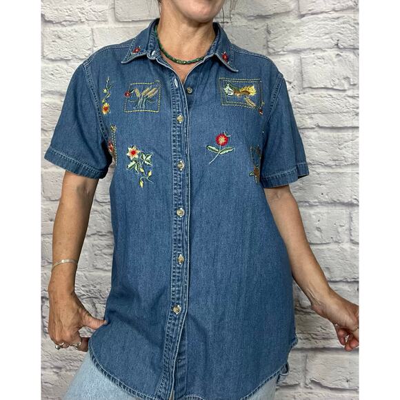 Vintage 90's Bobbie Brooks Fall/Autumn Motif Chambray Blouse - Picture 1 of 9